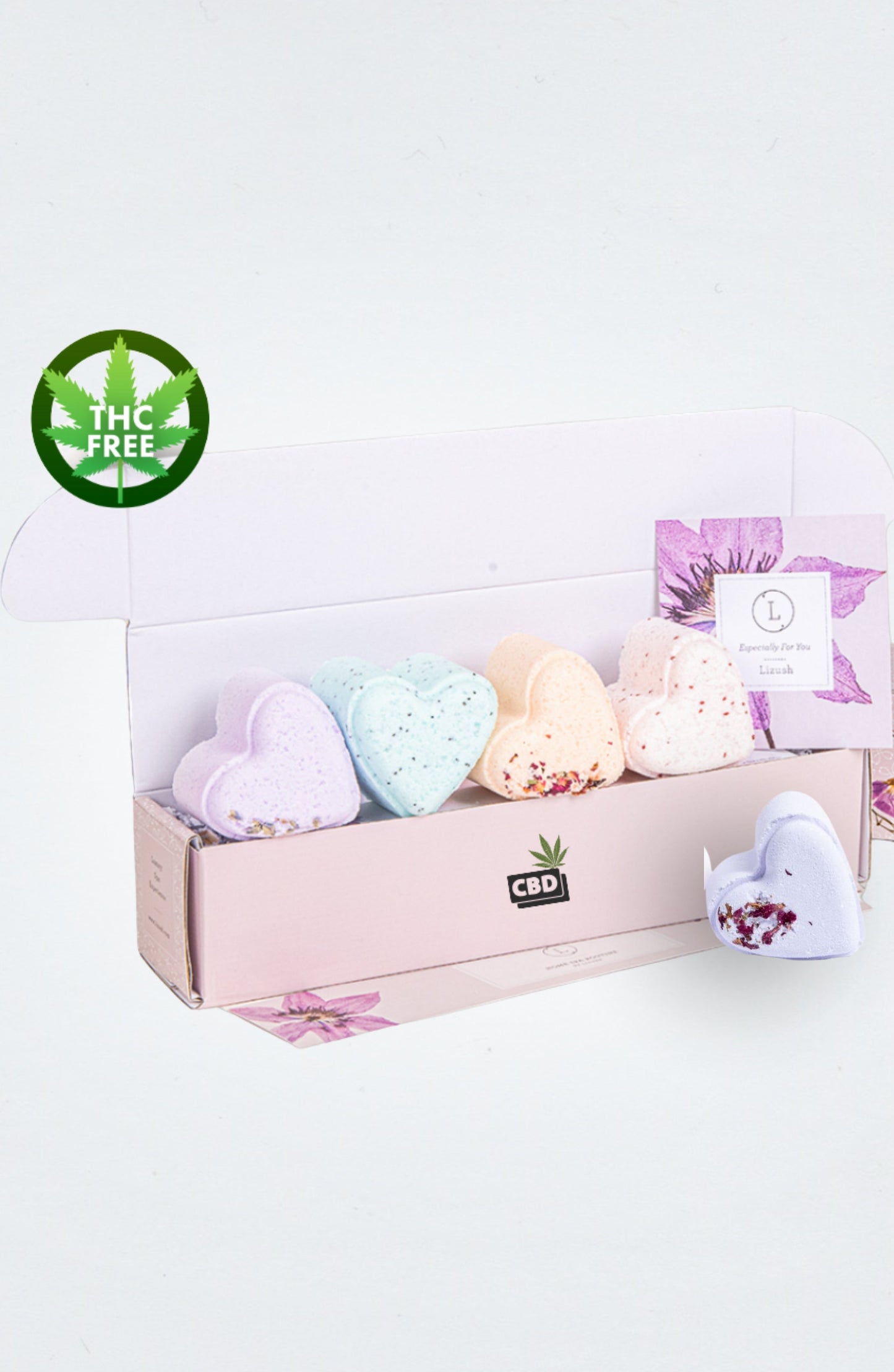 Bath Bombs with CBD -  5 Hearts Shaped with CBD - in a Gift Box - Can be personalized. (THC free)
